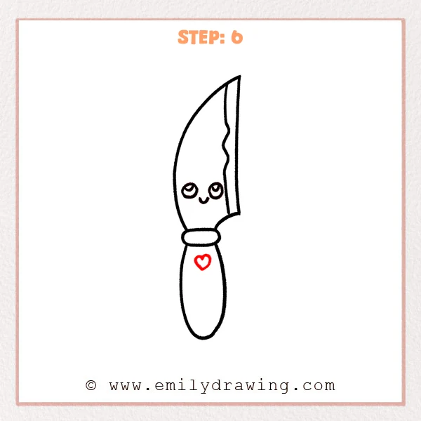 how to draw a cartoon knife - Step 6 of a step-by-step drawing tutorial showing a cartoon knife with a small heart symbol added on the handle as a decorative detail.